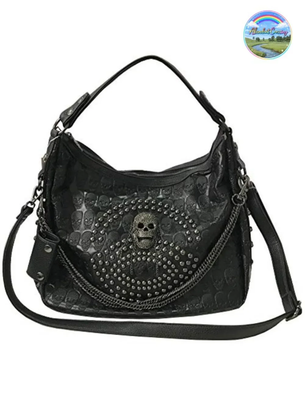 Large Gothic Skull Chain Satchel Handbag Faux Leather Studded Tote